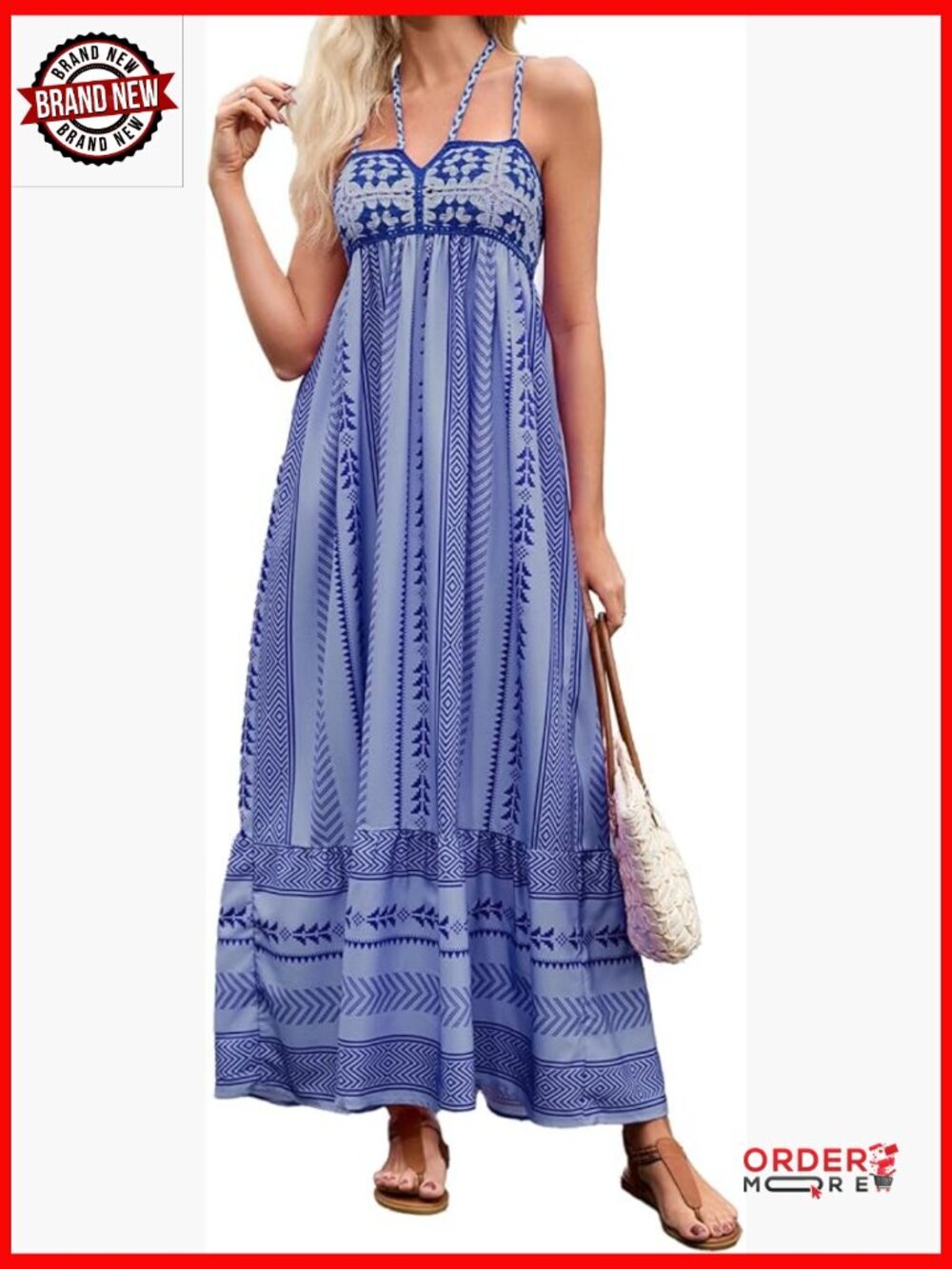 Boho Maxi Dress Crochet Patchwork Sleeveless Long Flowy Swing Beach Summer